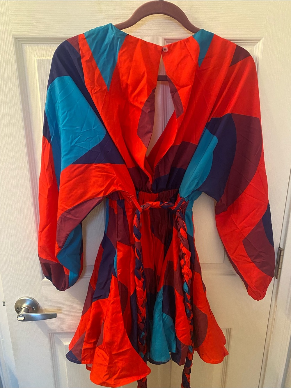 Vibrant Colorblock Red & Teal Tie-Waist Mini Dress